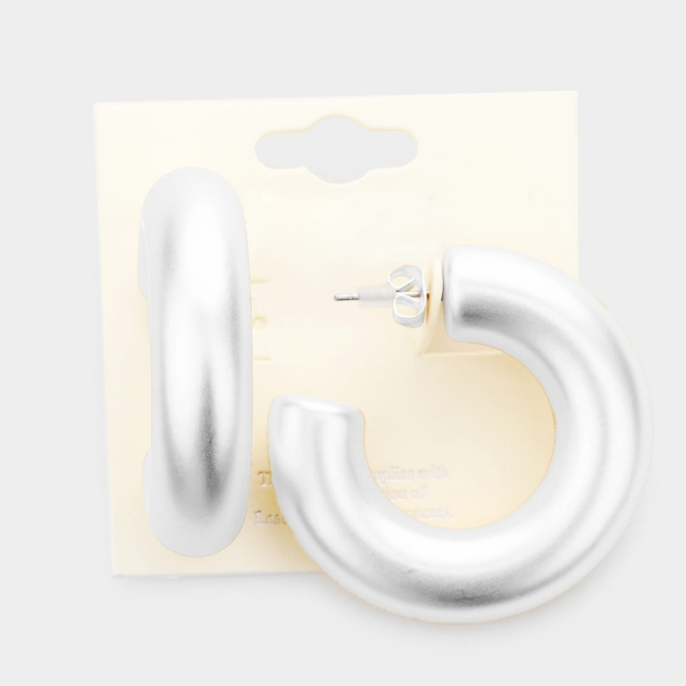 Matte Silver Hoop Earrings 1.5" Casual Simple Thick Chunky Metal Womens Huggie